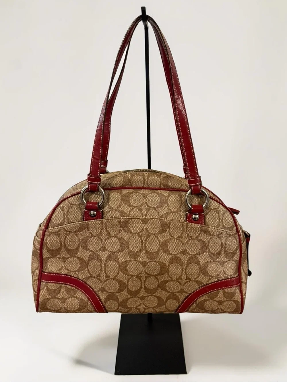 COACH Peyton Signature Satchel Khaki Burgundy Canvas Leather Shoulder Bag F18918